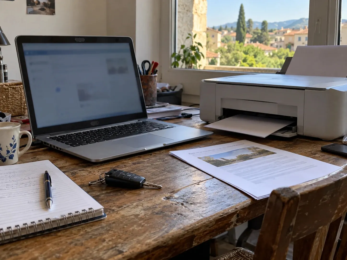 Ordinateur portable, imprimante et carnet sur une table, préparation d'un dossier administratif