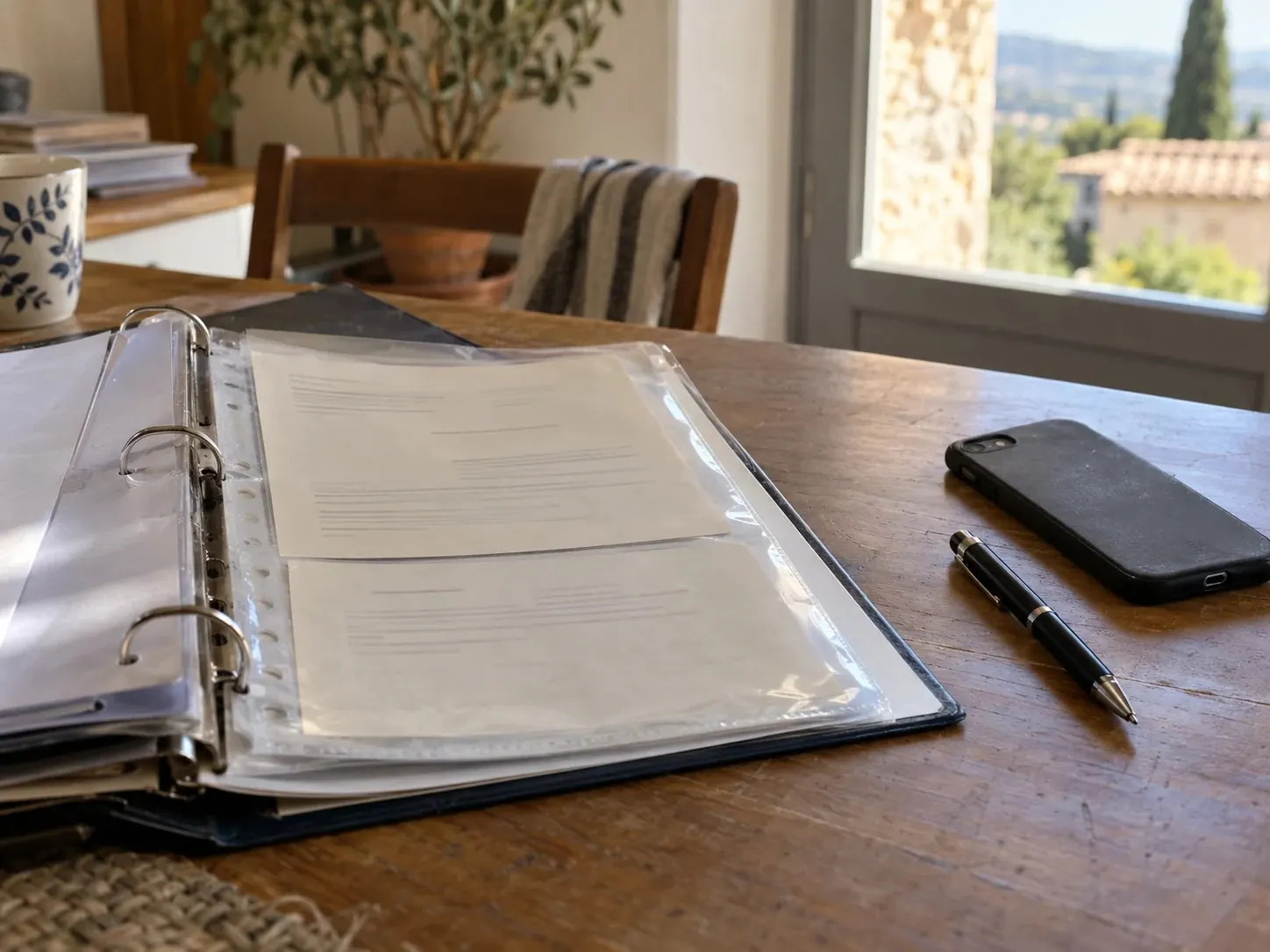 Classeur ouvert avec pochettes de documents, téléphone et stylo sur une table
