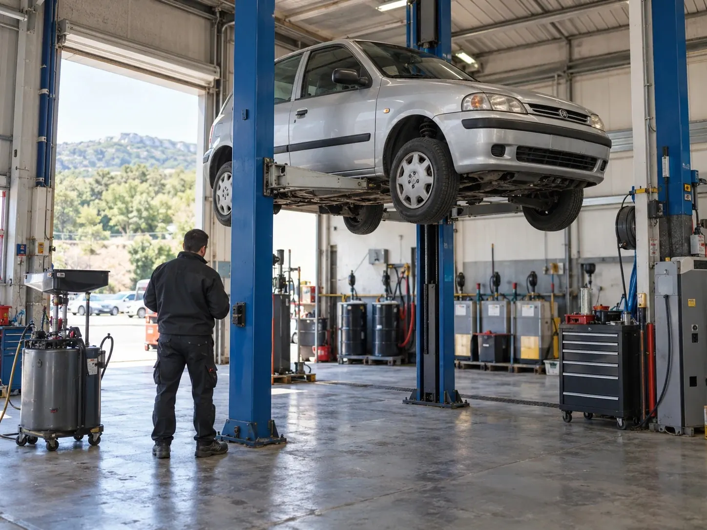 Voiture grise sur un pont élévateur dans un atelier, un technicien à côté