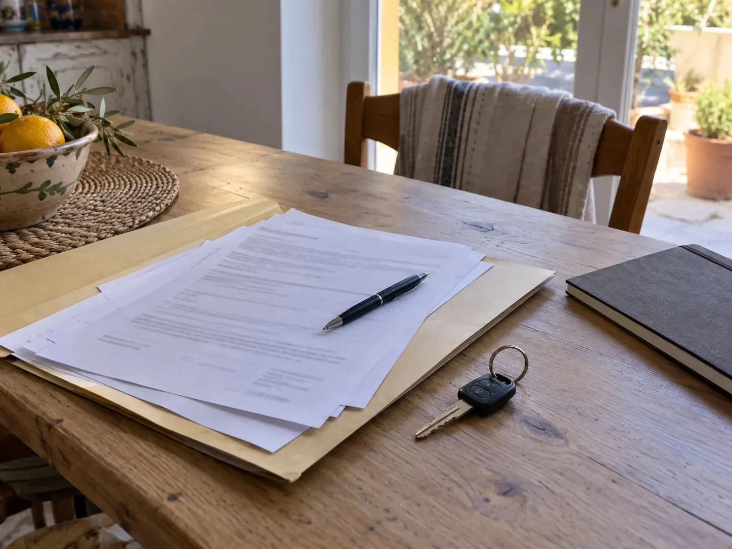 Documents administratifs, stylo et clé de voiture posés sur une table en bois