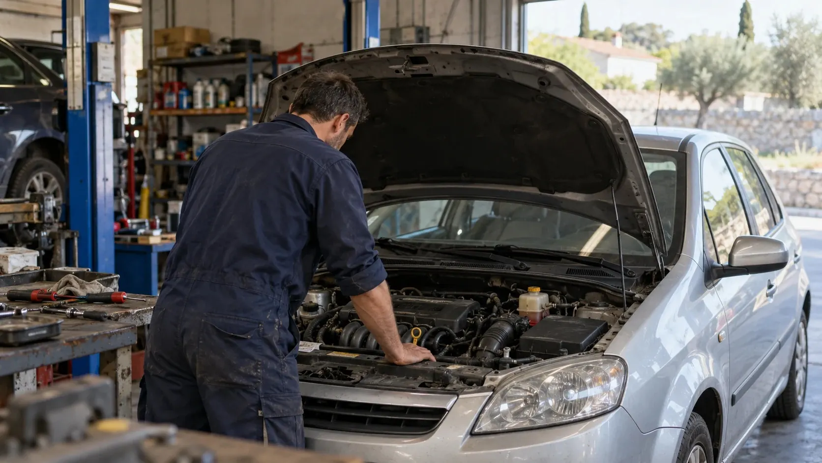 Mécanicien penché sur le moteur d'une voiture grise, capot ouvert, dans un atelier