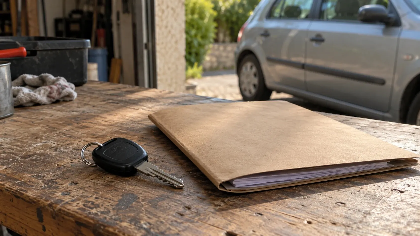 Chemise kraft et clé de voiture posées sur un établi, une voiture grise en arrière-plan