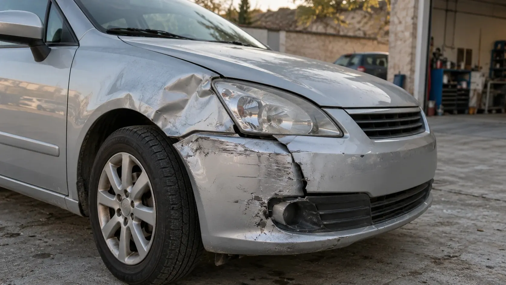 Avant d'une voiture grise accidentée, pare-chocs et aile enfoncés