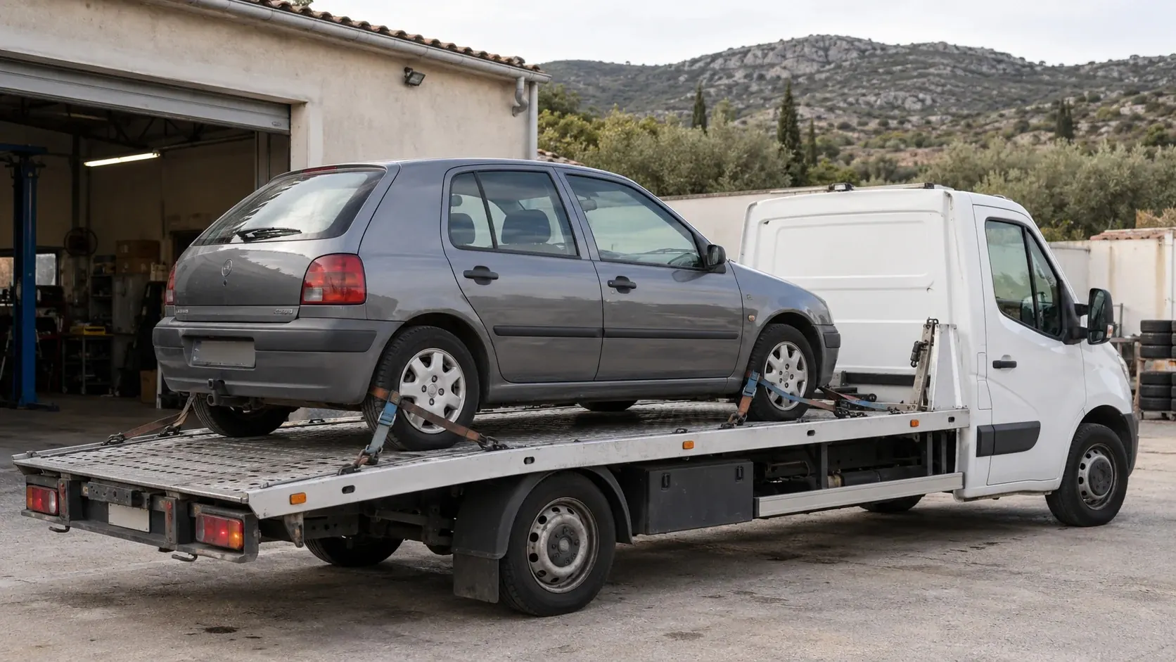 Voiture grise chargée sur une dépanneuse plateau devant un garage